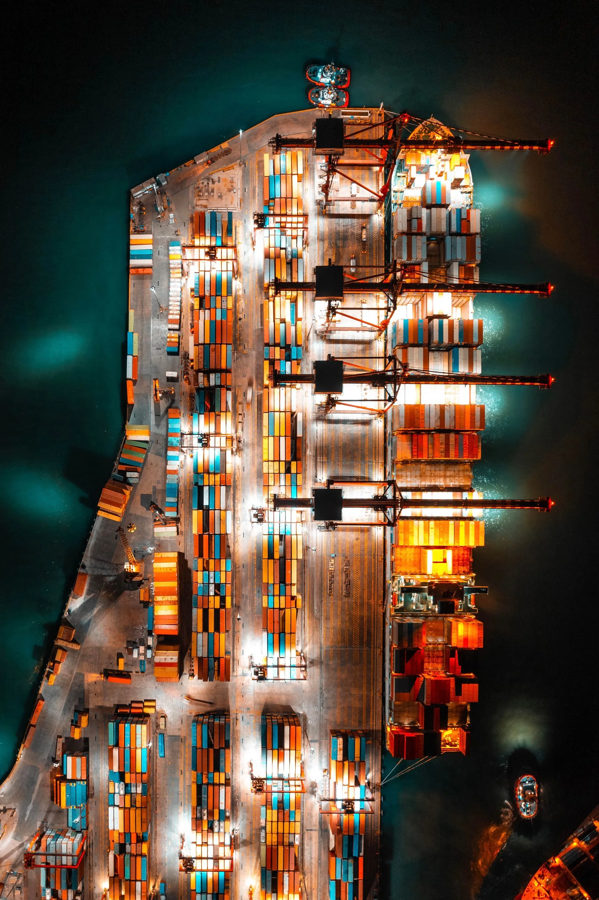 Aerial view of shipping port at night