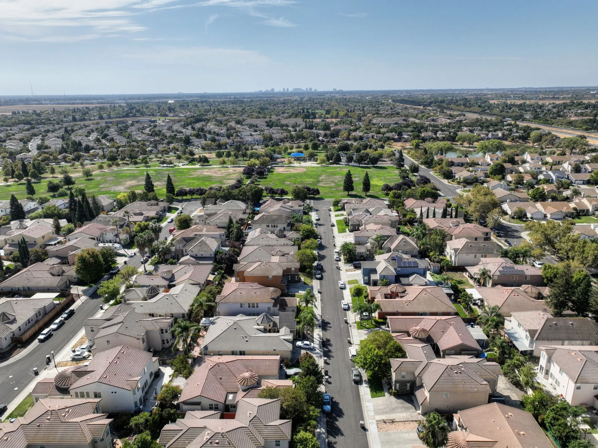 Aerial view of suburban neighborhood