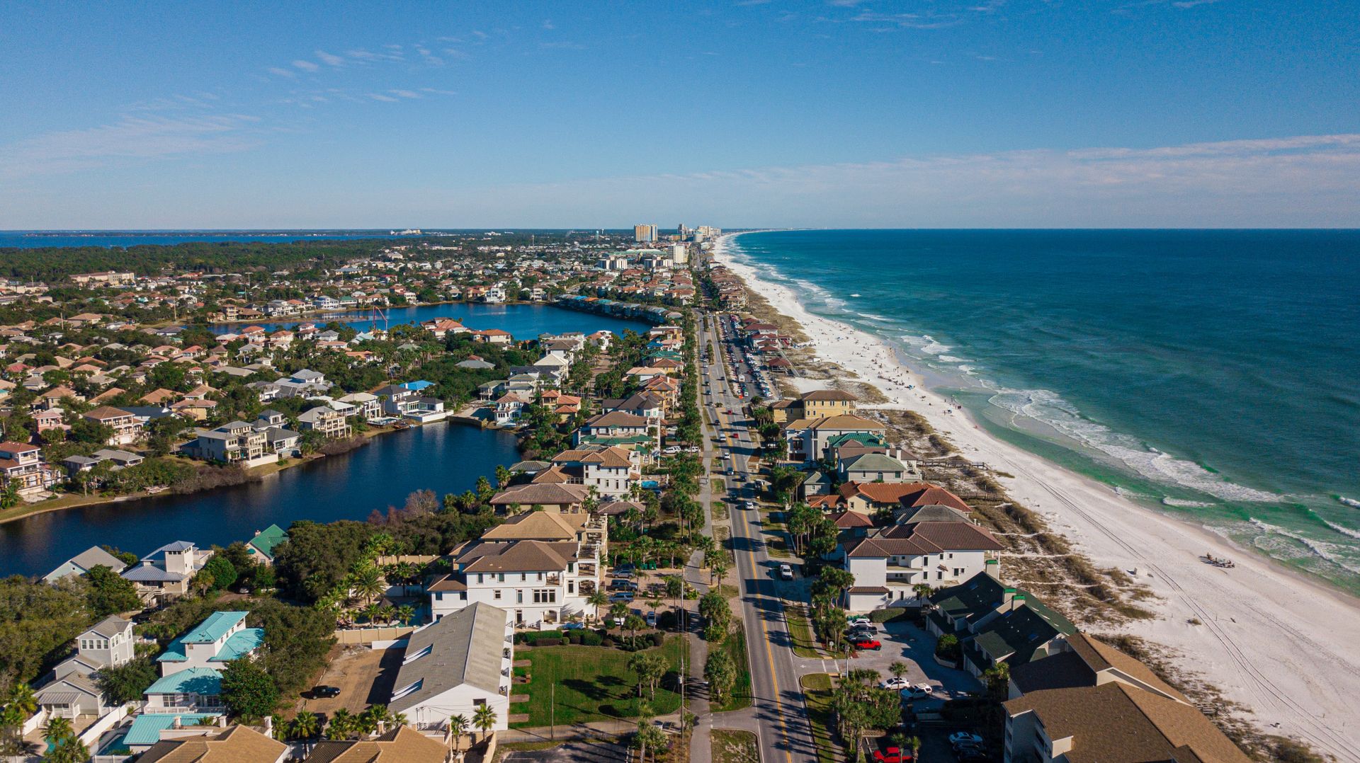 Aerial view of coastal beach houses